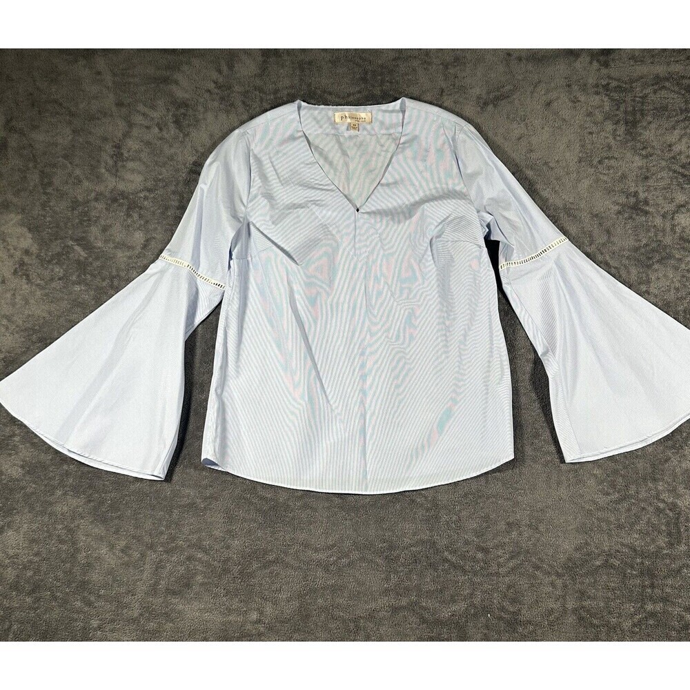 Philosophy  XS Blouse Tunic Blue White Pin Crochet Bell Sleeve Boho Artsy Resort